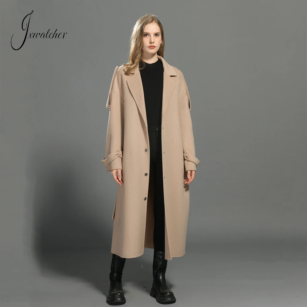 Jxwatcher Women's Wool Coats with Real Mongolian Sheep Fur Ladies Double Face Cashmere Winter Long Jacket Autumn Trench Coat New