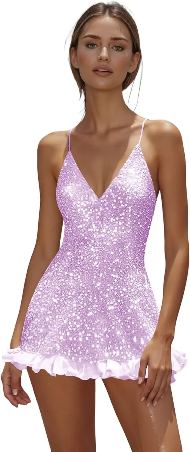 

Spaghetti Straps Sequins Homecoming Dresses Short Chiffon Ruffle Formal Prom Party Dress Mini Graduation Dress Cocktail Dresses