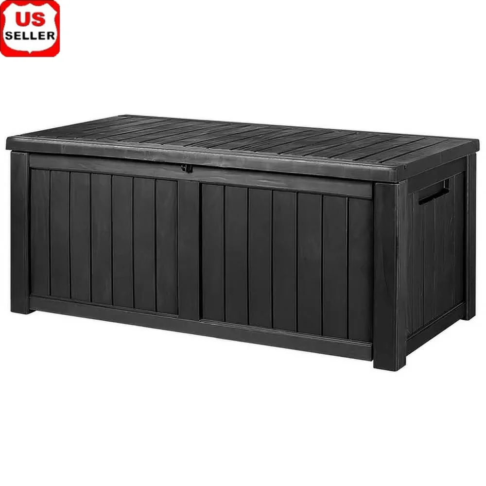 

Outdoor 120 Gallon Water Resistant Resin Deck Storage Box with Lockable Lid Hydraulic Pistons Weatherproof Durable Garden Bench