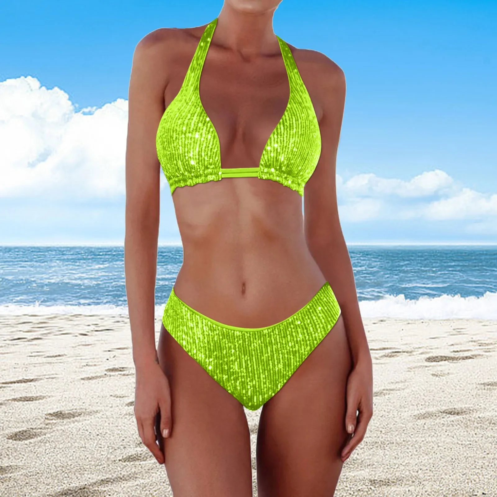 

Flash Patchwork Bathing Suits Beachwear Bathers Women's New Sequin Bikini Triangle Color Bikini Sexy Print Strapped Swimwear