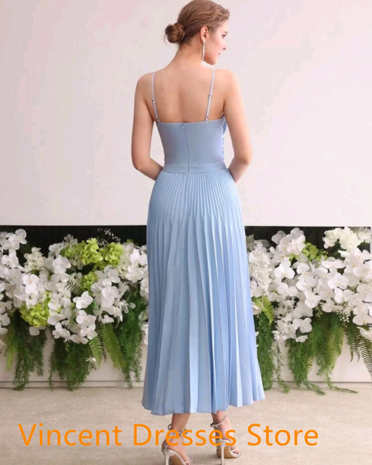 맞춤형 패션 블루 쉬폰 연예인 가운 우아한 Strapless 스파게티 스트랩 보우 셔링 지퍼 백 Vestido De Noche