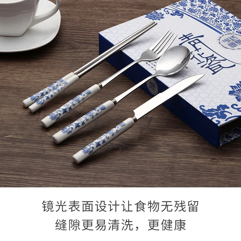 Blue and White Porcelain Tableware Knife, Fork and Spoon Chopsticks Sets Featured Chinese Style Gift Abroad for Foreigners Busin