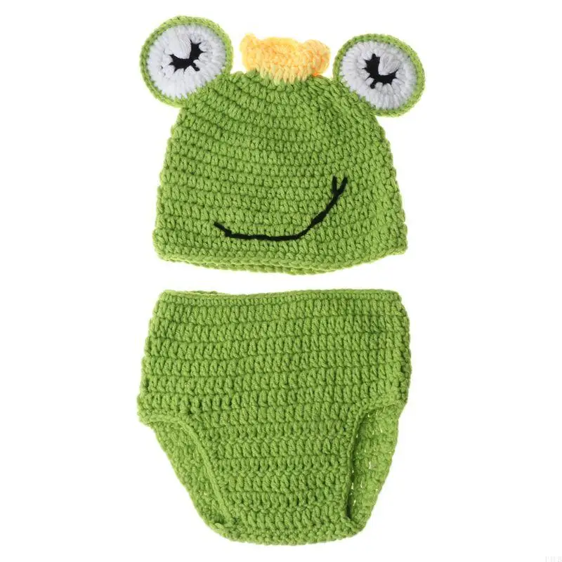 

F1CB Baby Hat Bodysuit Set Newborn Photography Props Knitted Cotton Cartoon Jumpsuit Infants Photo Clothing