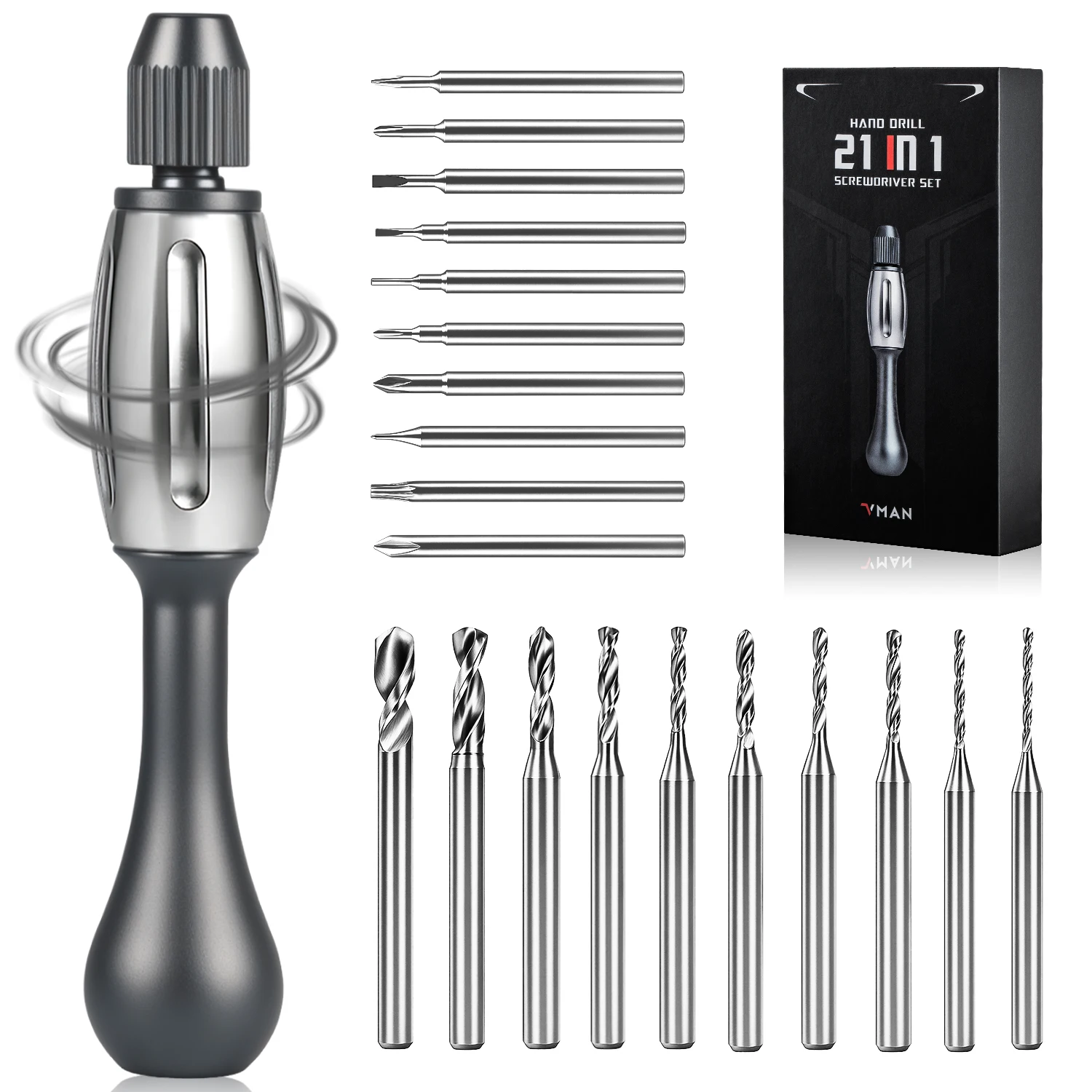 

21in1 Screwdriver/Drill–DIY Tool: anti-slip handle S2 bits magnetic quick change dual bearings Drills jewelry resin wood plastic
