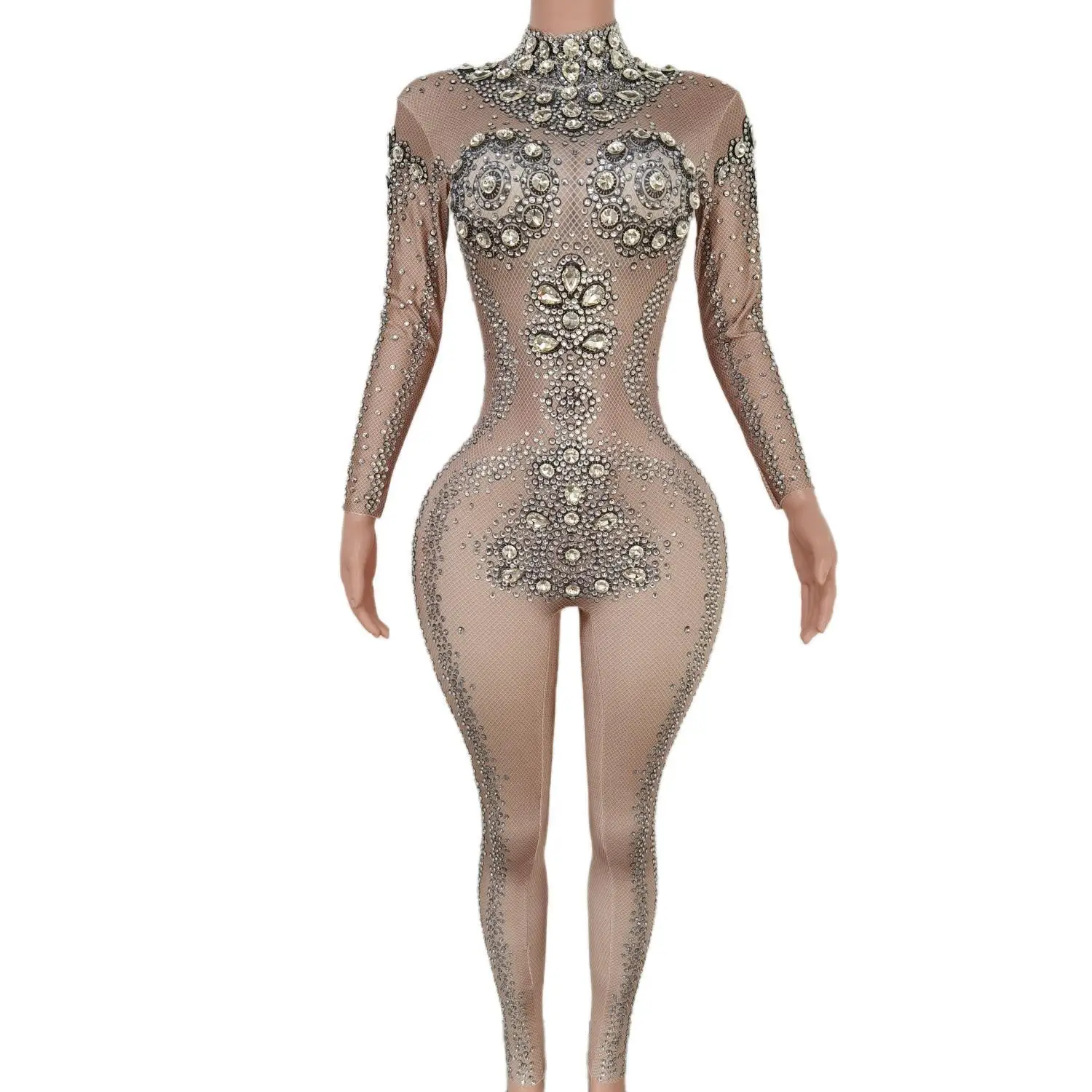 Sparkly Glass Stones Pearl Jumpsuit Sexy Skinny Rhinestones Bodysuit Lady DJ Bar Singer Catwalk Party Stage Costume X1903012