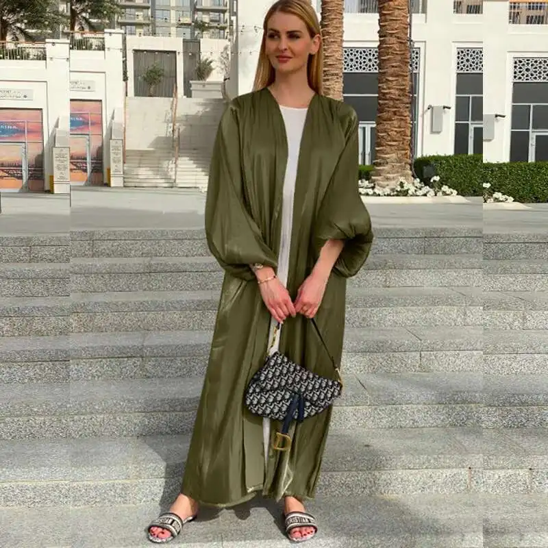 

2025 New Muslim Women's Satin Lace Up Lantern Sleeve Dress Dubai Cardigan Robe Robe Abaya Ramadan Dubai Luxury Islam Elegant