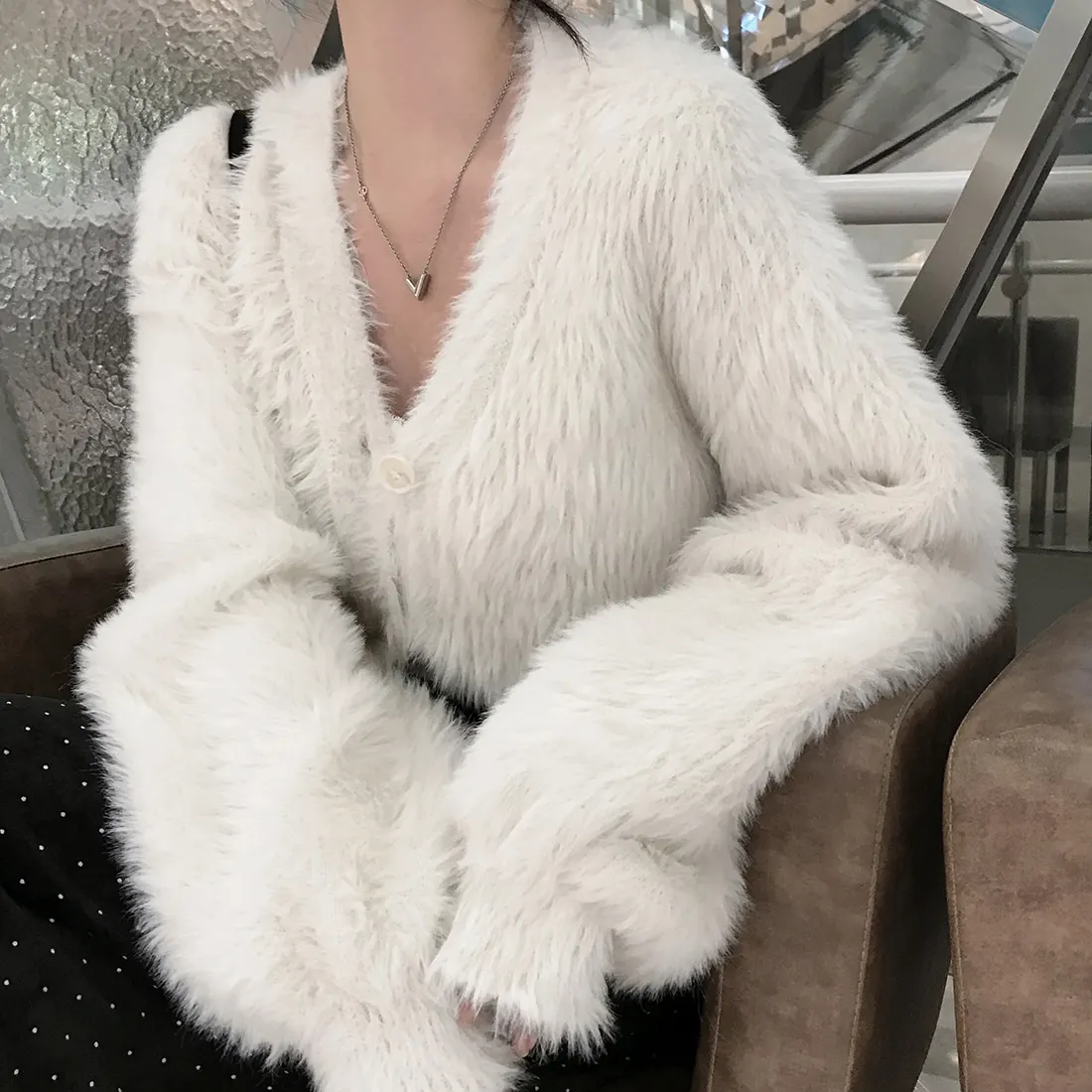 

Пушистый вязаный длинный светящийся женский свитер, пальто из норки, корейский свободный крой, весна-осень-зима, повседневная мода