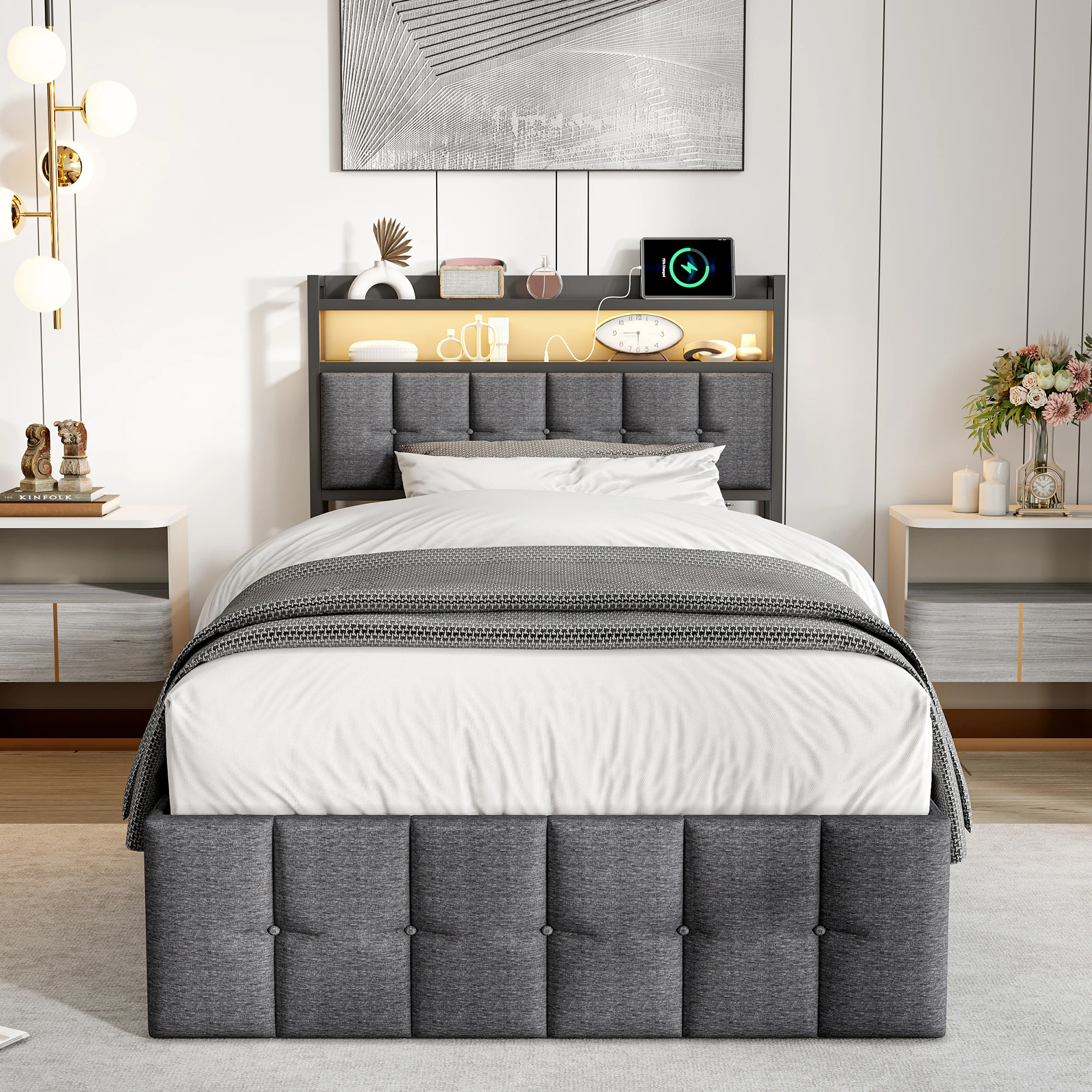 Lit simple Fangange 90x200 cm, lit rembourré pour enfants, lit avec rangement, lit pour jeunes, linge doux pour la peau, lattes en bois