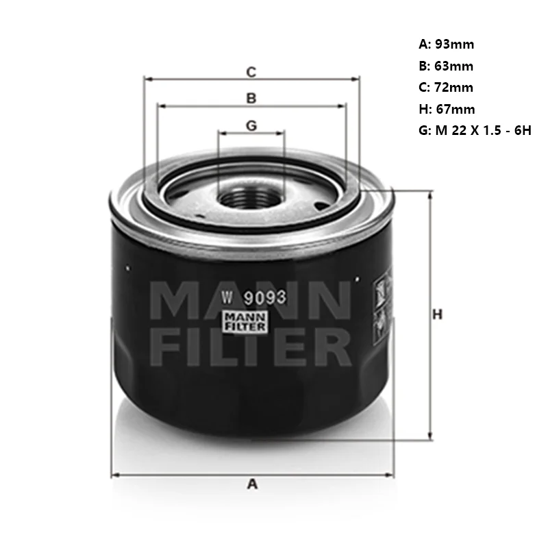 

MANNFILTER W9093 Oil Filter Fits CHANGAN CX70 A800 CS55 EADO XT H15T002-1200 1012010-B02