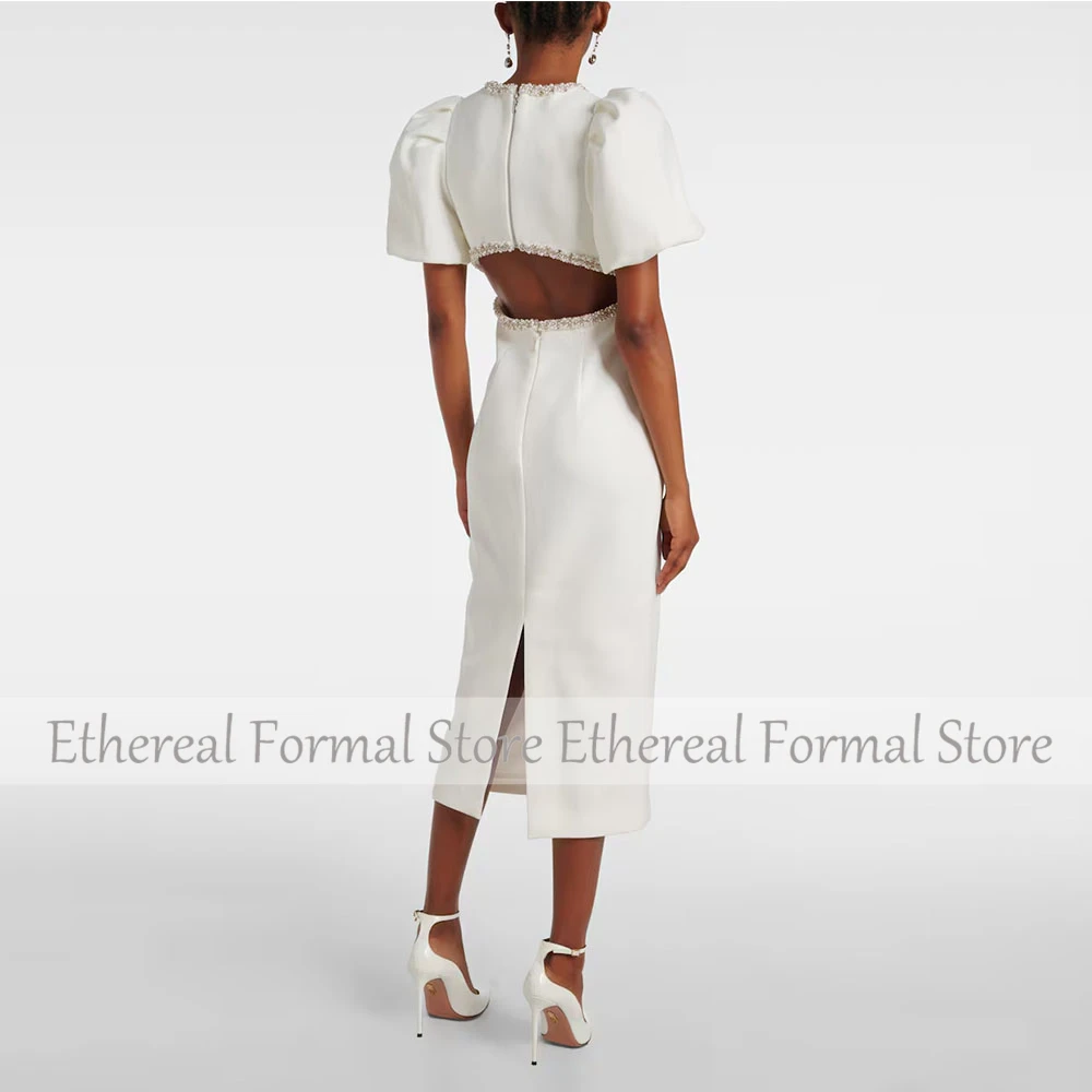 Ivory Women's Evening Gown For Women Sheath Saudi Dress O Neck Beading Formal Party Dress Short Sleeves Tea Length Prom Dress image 2