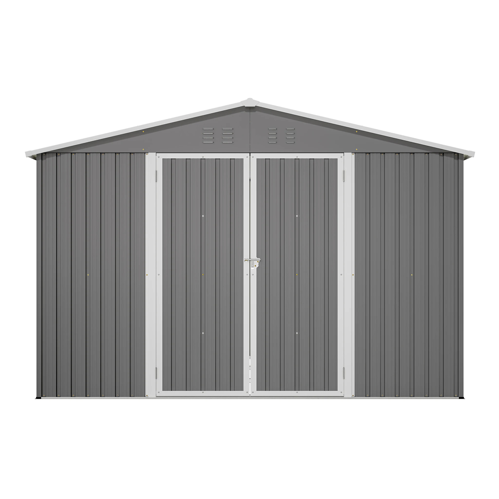 10x10 FT Metall-Lagerschuppen, robuster Stahl-Gartenschuppen mit Bodenrahmen, abschließbare Türen, wetterfest für Außenbereich, Hinterhof, Terrasse und Rasen, grau