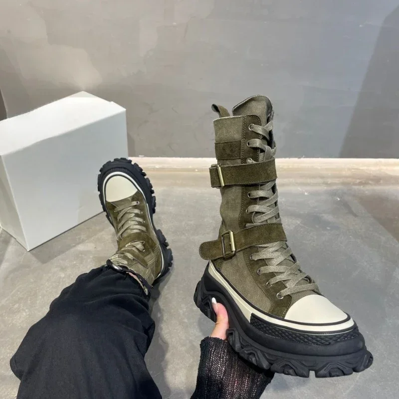 Trendy Punk Women Boots Mid-calf Ladies Boots Patchwork Woman Designer Shoes Buckle Strap Decoration Motorcycle Boot Botte Femme
