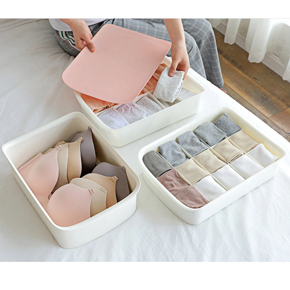 

Practical Drawer Dividers Storage Box 10 Grids Underwear Storage Case Socks Organizer Panties Briefs Container with Lid (White C