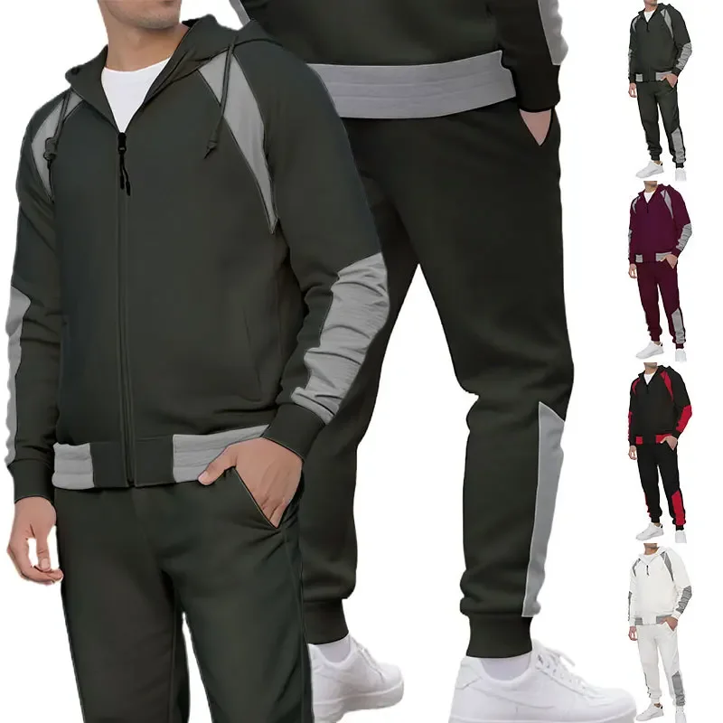 

Two Pieces Men Sets Pencil Ankle Length Pants Zipper Sweatshirts Long Sleeve Hooded Hoodies Casual Sports Pockets Patchwork