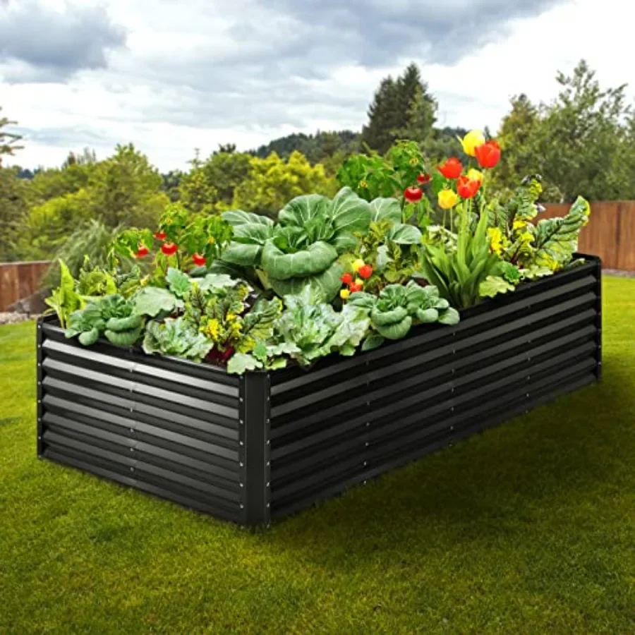 Outdoor metal raised garden bed kit 8x4x2ft for vegetables and flowers, galvanized steel, charcoal gray, open-bottom design wit