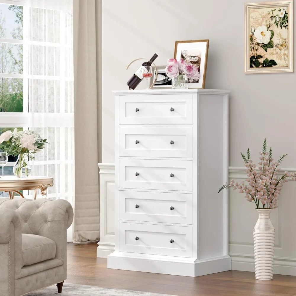 

5 Drawer Dresser, 47.6" Tall White Dresser with 5 Drawers, Chest of Drawers Cabinet Wood Dresser for Hallway Living Room