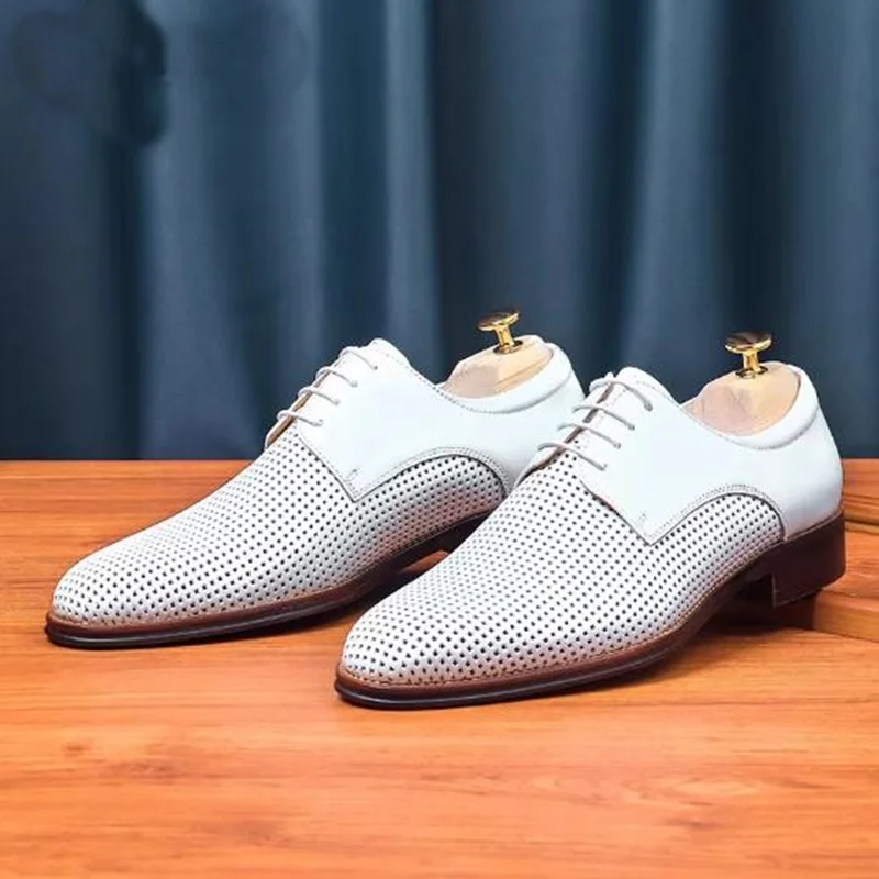 Summer New Style High Quality Hollow-out Breathable Business Formal Leather Shoes For Men Pure White Cowhide Shoes For Wedding