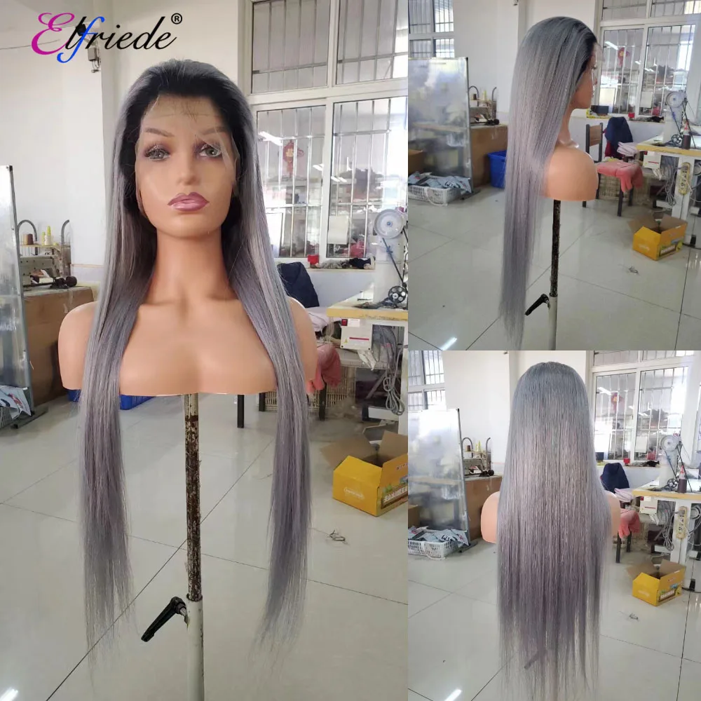 Elfriede Dark Root Grey Straight Lace Front Wigs for Women Lace Wig 4x4 13X4 13X6 HD Lace Frontal Wig 100% Remy Human Hair Wigs