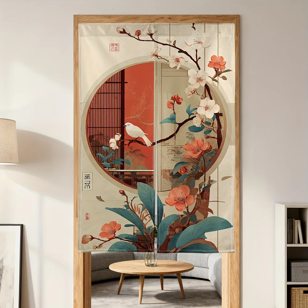 Japanese Cherry Blossom Heron Pattern Japanese Style Door Curtain, Traditional Noren Curtain for Home Entrance, Porch, Kitchen