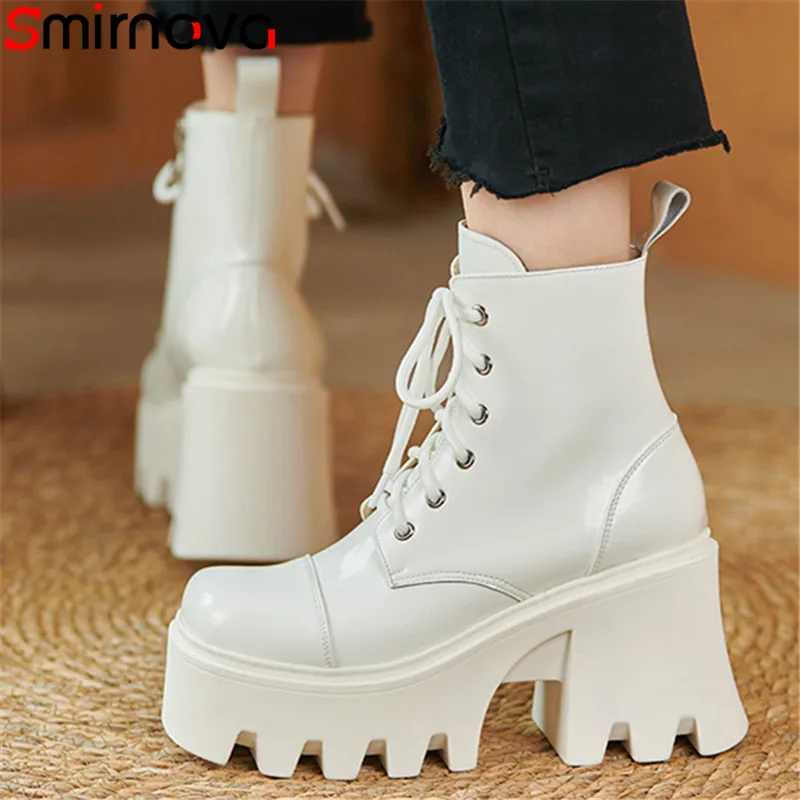 

Smirnova 2022 New Arrive Genuine Leather Zipper Ankle Boots Square High Heels Dress Platform Shoes Winter Women Boots