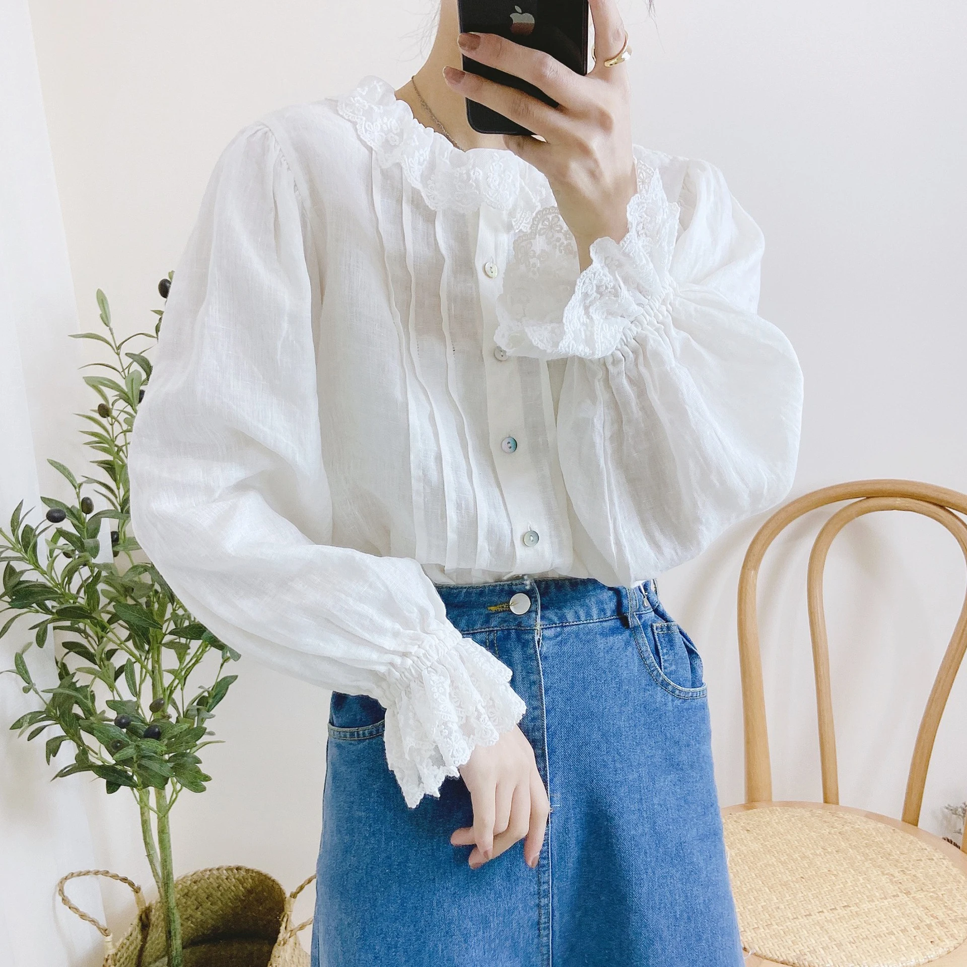 Johnature Korean Women Clothing New Lace Ruffles Collar Tops 2025 Spring White Linen Solid Color Female Shirts