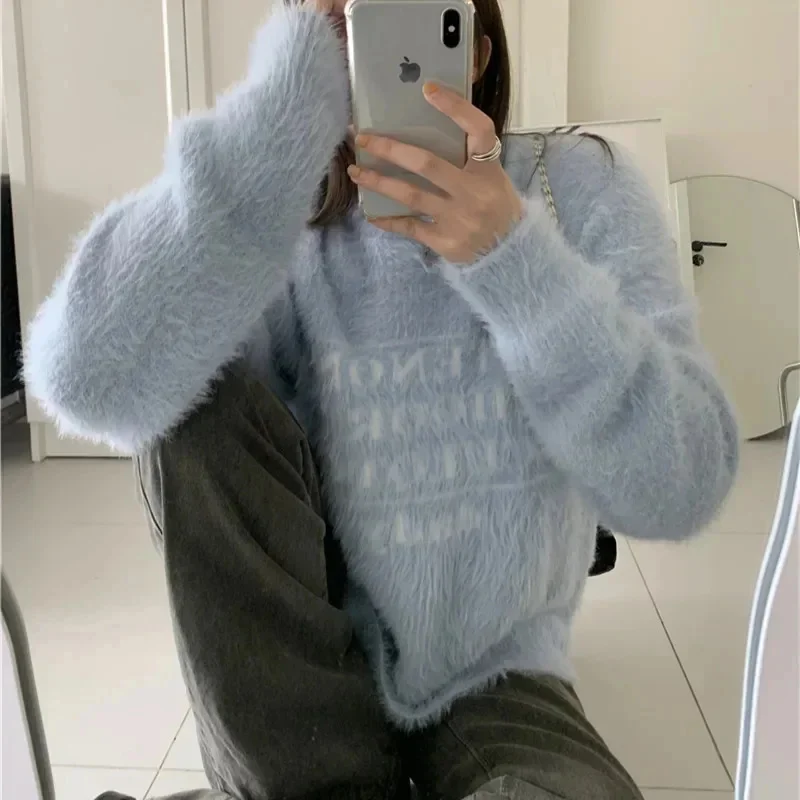 Korean Soft Woolen Sweaters For Women Letter Print Long Sleeve Knitting Pullover Solid Loose Sweaters Casual Plush Top