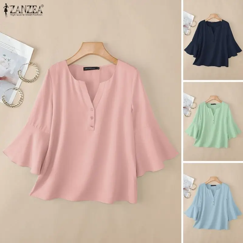 

2026 ZANZEA Summer Elegant V Neck Short Sleeve Blouse Women Tops Stylish Solid OL Work Shirt Mujer Casual Button Up Blusas Femme