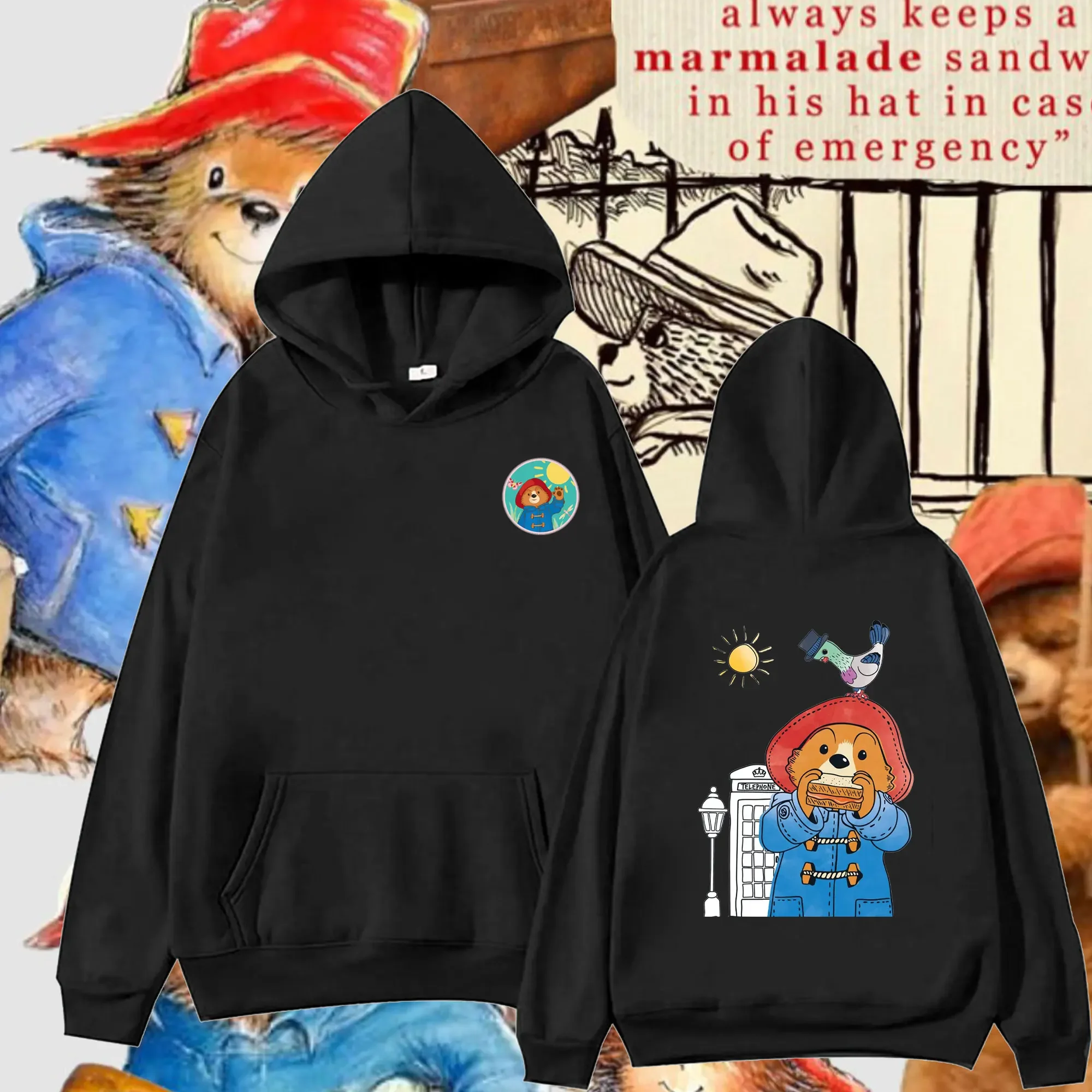 Paddington Bear in London Graphic Hoodied Printed Unisex Hoodie Double-sided Printing Loose Pullover Hoodies Spring and Autumn