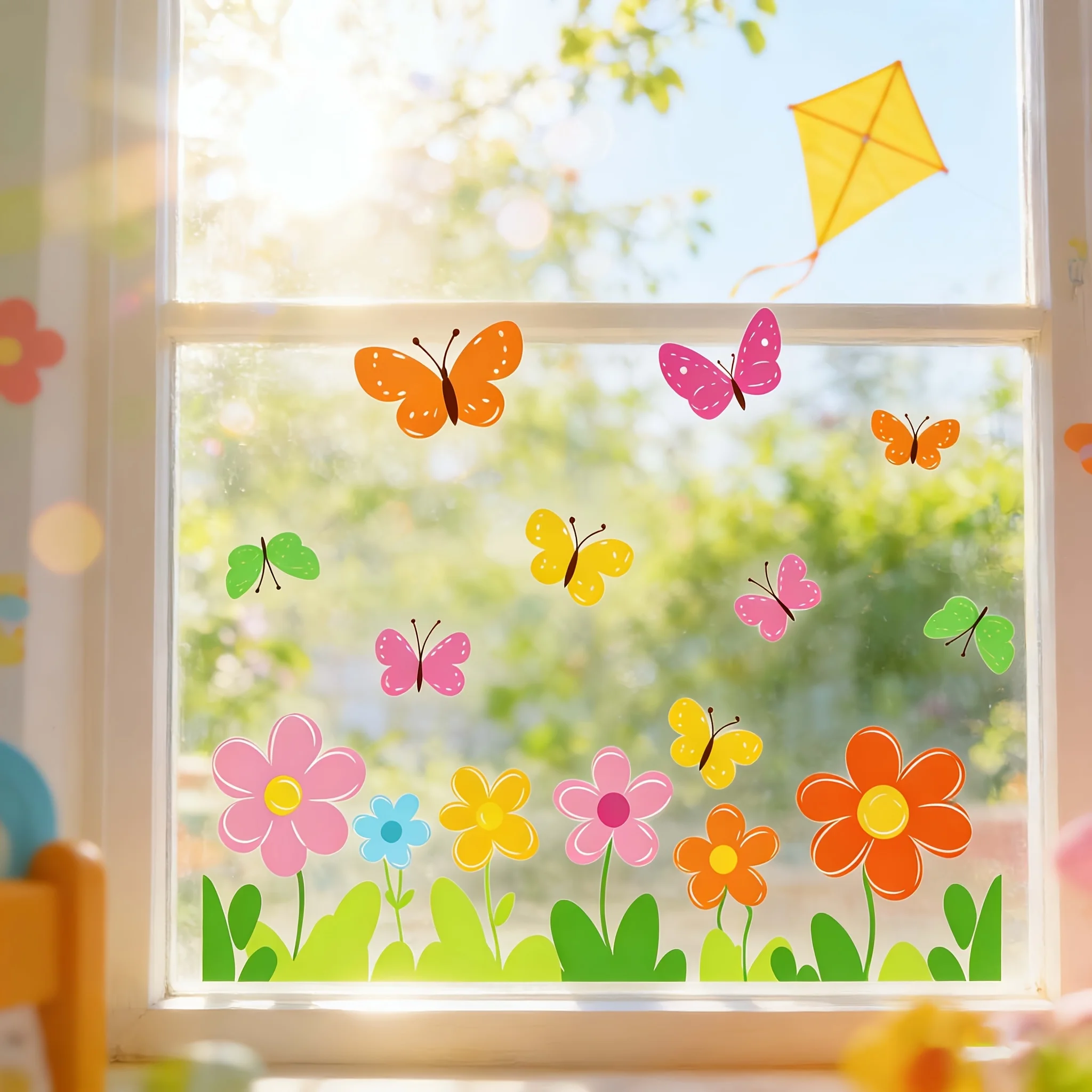 1Pc Cheerful Spring and Summer Themed Wall and Window Stickers, Colorful Butterfly and Flower Design Stickers, Self-Adhesive Pvc Removable Wall Decoration Stickers, Suitable for Restaurants, Bedrooms, Living Rooms, Kitchens, Doors, Windows, Cabinets, Glass, Tiles, and Wall Decorations, Cute and Attractive Stickers That Are Practical and Easy to Create a Cozy Space