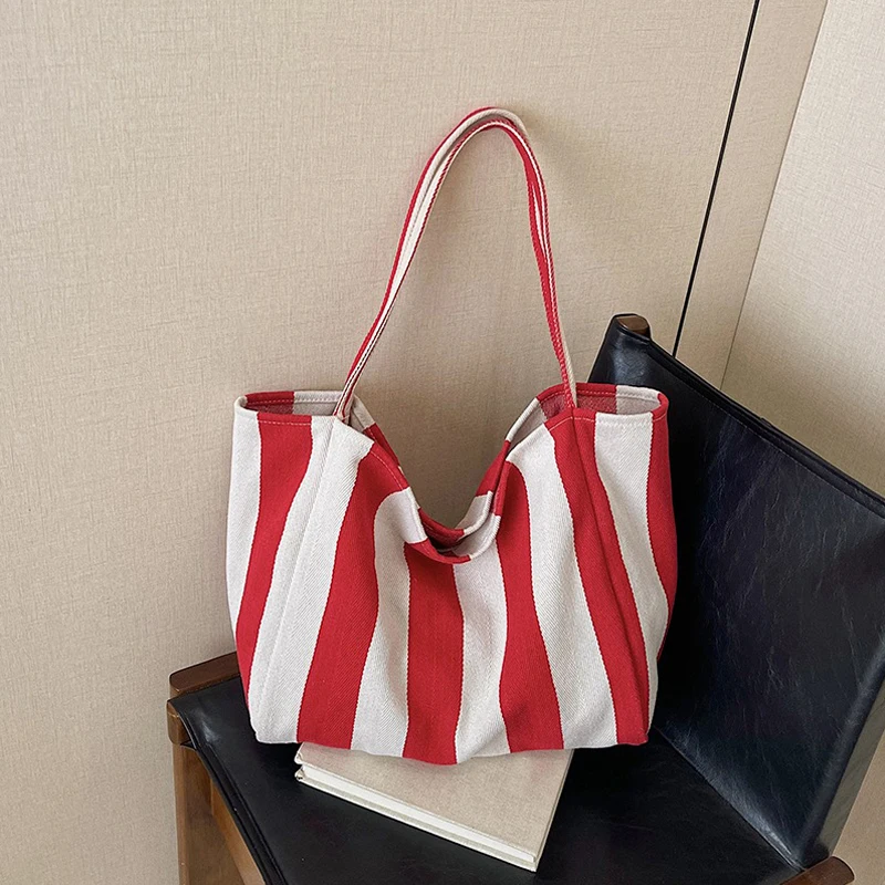 Sommerliche gestreifte Canvas-Tragetasche für Damen, lässig, große Kapazität, einfache Umhängetaschen, Einkaufshandtasche, tägliche Tragetasche – Detail 20