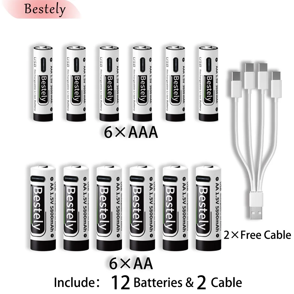 Bestely 1,5 В литиевая батарея USB-C перезаряжаемая батарея AA 5800 МВтч AAA 3600 МВтч 2000 циклов быстрая зарядка с кабелем