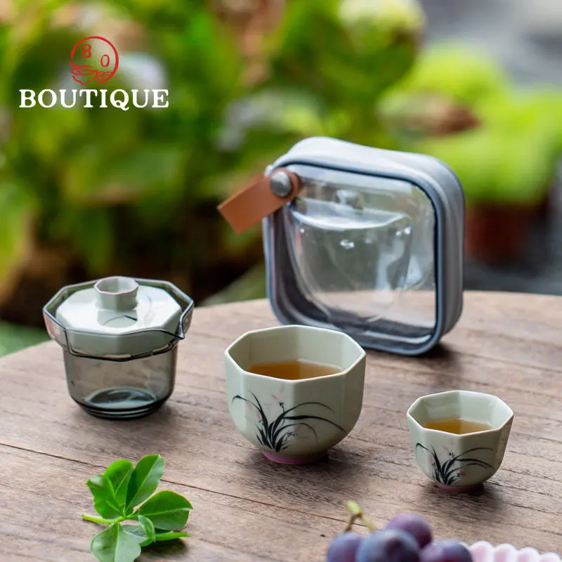 

Dehua Plant Ash Hand-painted Ceramic Travel Tea Set Portable One Pot Two Cups Square Edge Cup Travel Tea Set Kung Fu Tea Set