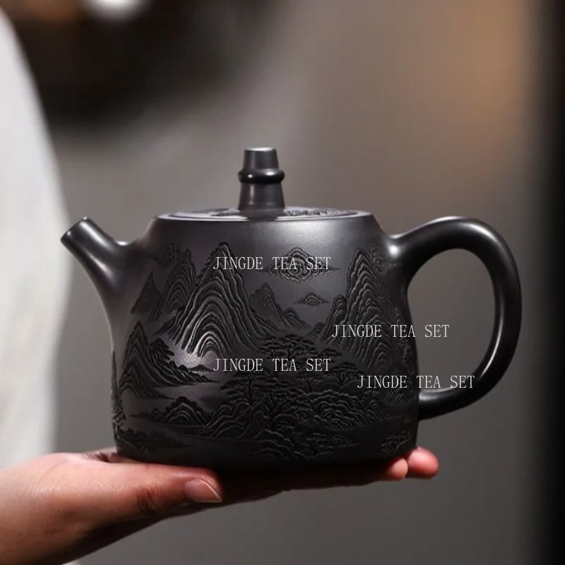 500ml Black Clay Zisha Teapot with Carved Landscape Relief Handmade Kung Fu Tea Pot with Short Spout for Loose Leaf Tea Brewing
