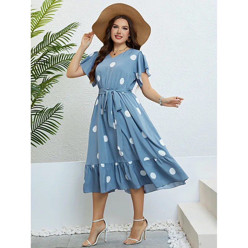 Robe mi-mollet à manches courtes pour femmes, grande taille, col en V, bleu, pois, papillon