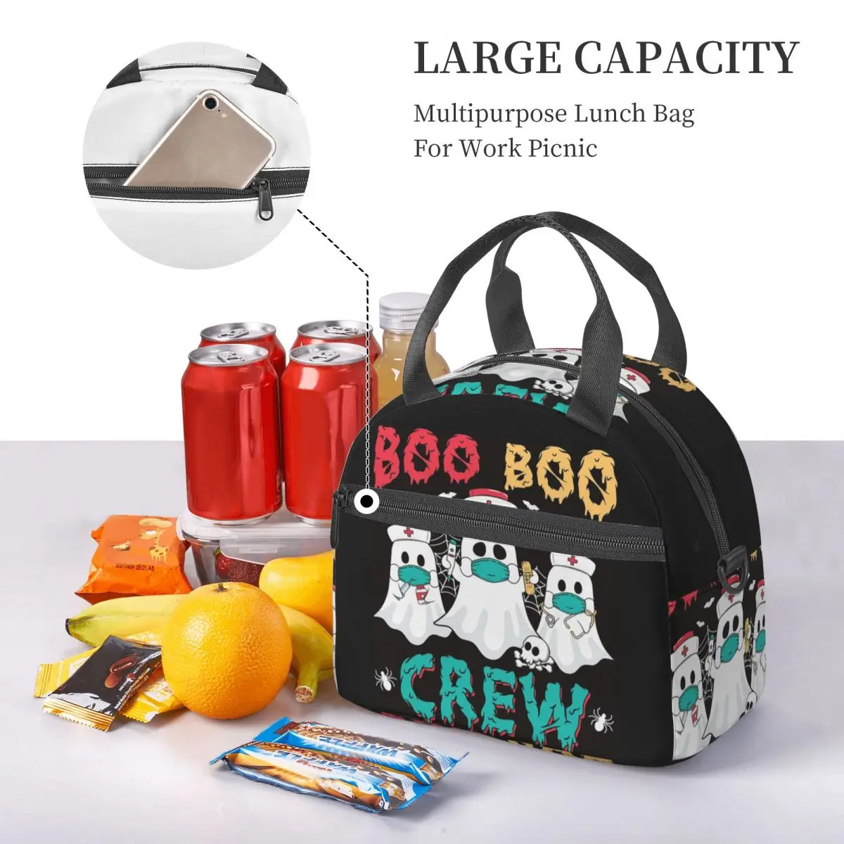 Boo boo tripulação enfermeira halloween fantasma traje almoço sacos bento caixa à prova dwaterproof água almoço tote sacos de piquenique saco térmico para mulher trabalho