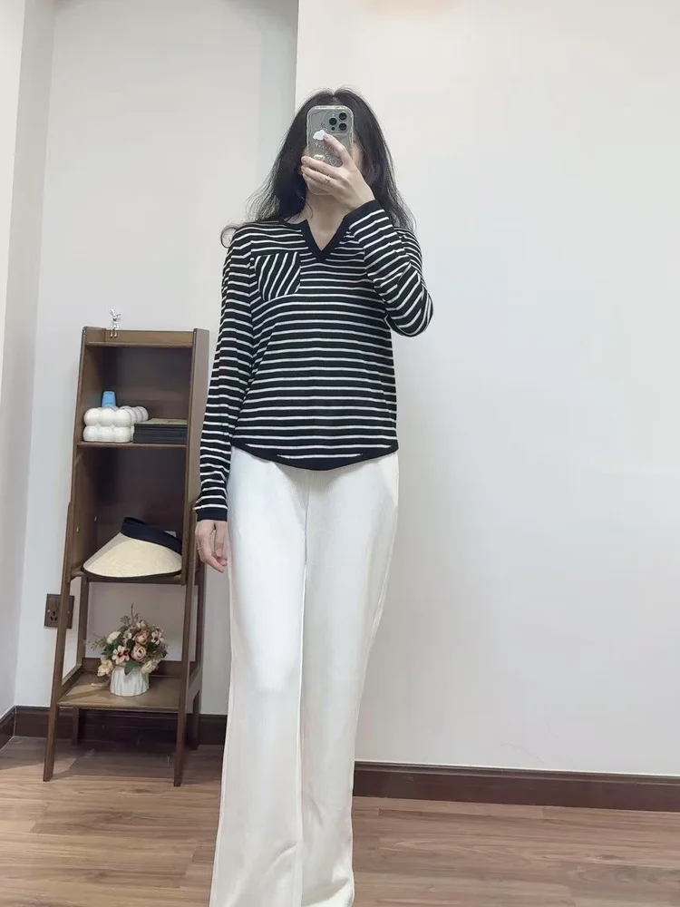 Camiseta de Manga Larga IRMA, Cómoda, de Lana y Seda, con Rayas Clásicas, Versátil, Cuello en V, Informal, Ajustada, Tejida, ...