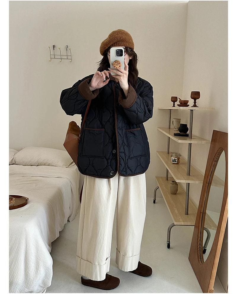 Autumn Down Cotton Padded Jacket Women's 2025 Contrast Lapel Rhombic Thin Short Loose Spring Cotton Padded Casual Coats Female