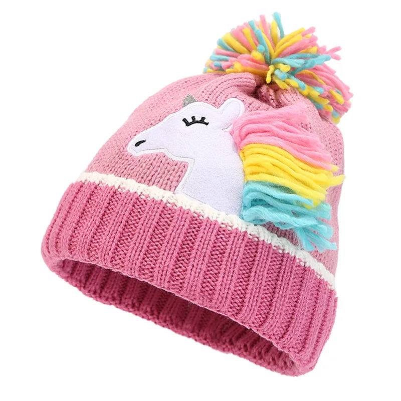 3-teiliges modisches Kinder-Winter-Einhorn-Mütze, Halstuch, Handschuhe, Set für 3–6 Jahre, gestrickt, warm, Schal, Mütze, Kinder-Beanie-Mütze