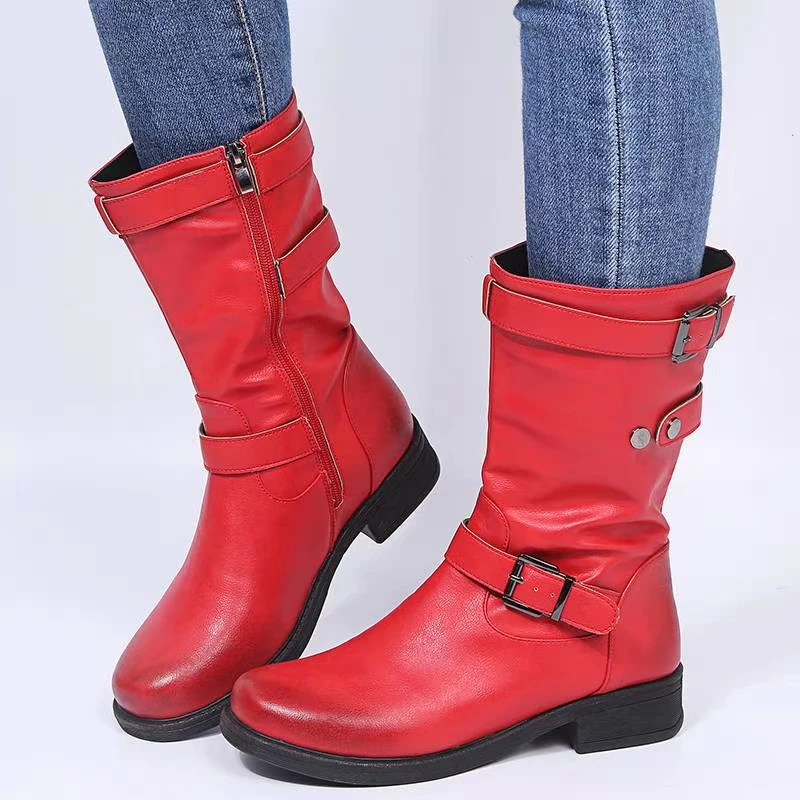 Kobiety Chunky Boots skórzane buty ze skórki cielęcej rozmiar 43 klamra kobieta kwadratowy obcas Zipper półbuty czerwone czarne szare zimowe płaskie