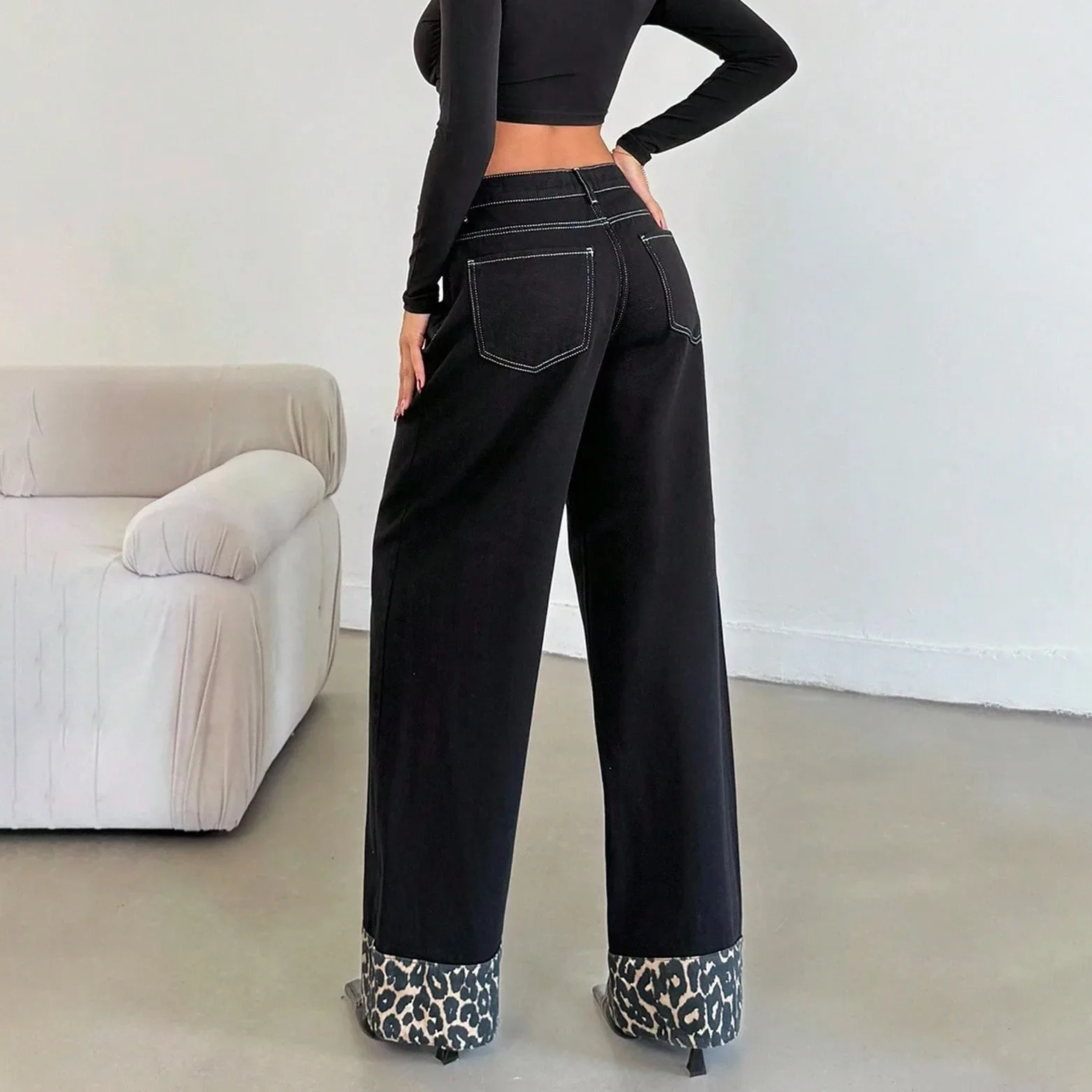 Pantalones vaqueros de pierna ancha con retales de leopardo para mujer, pantalones vaqueros holgados versátiles a la moda de cintura alta para otoño