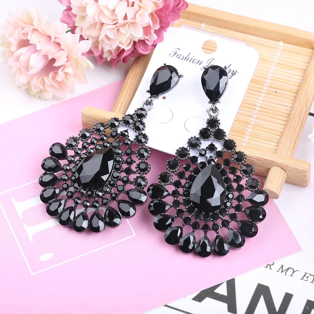 Vintage Jewelry Party Accessories Long Big Black Stone Crystal Rhinestone Chunky Teardrop Dangle Drop Earrings for Women