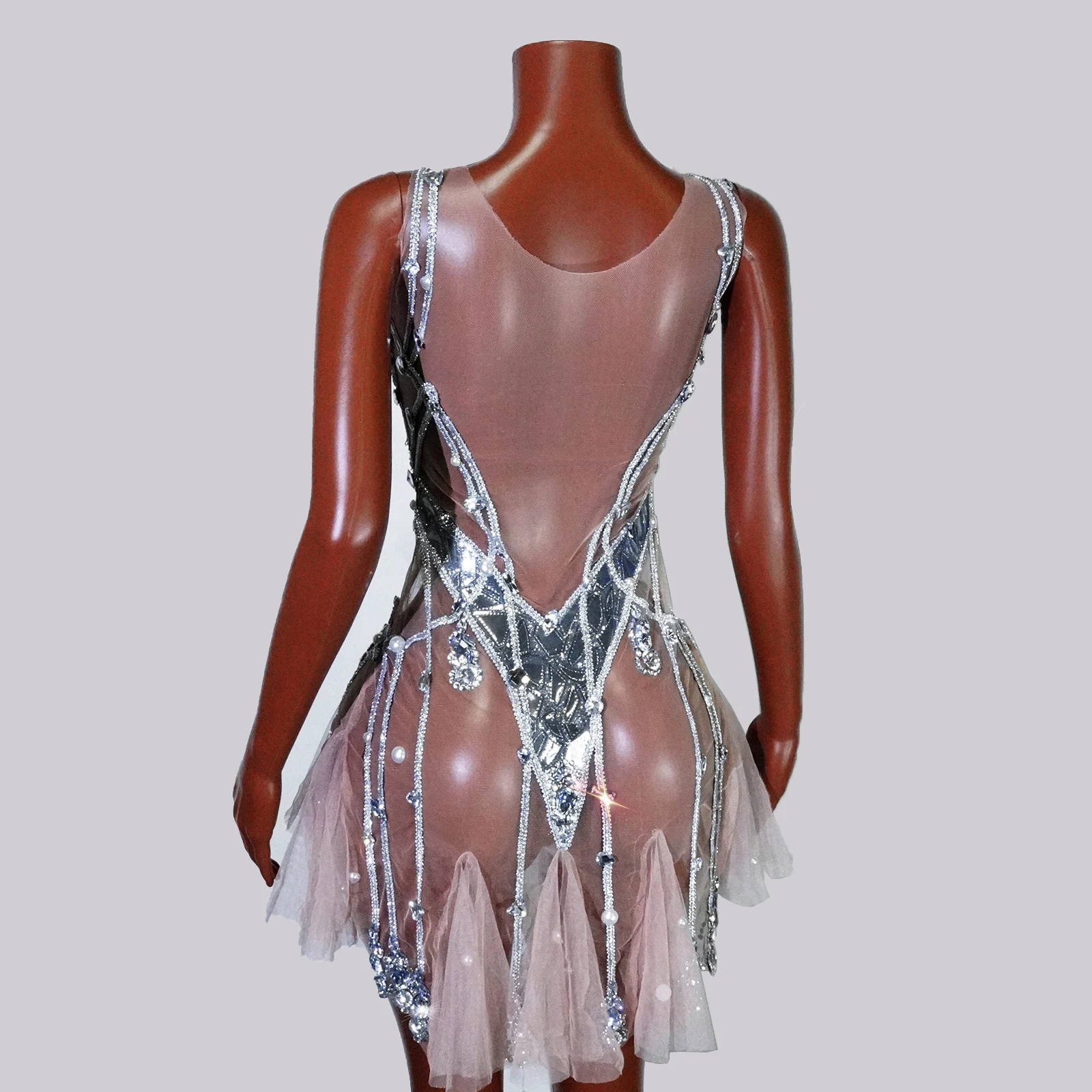 Glitter White Crystal See-through Dresses Drag Queens Costume Pole Dance Wear Gogo Dancer Outfit NightClub Stage Show Birthday
