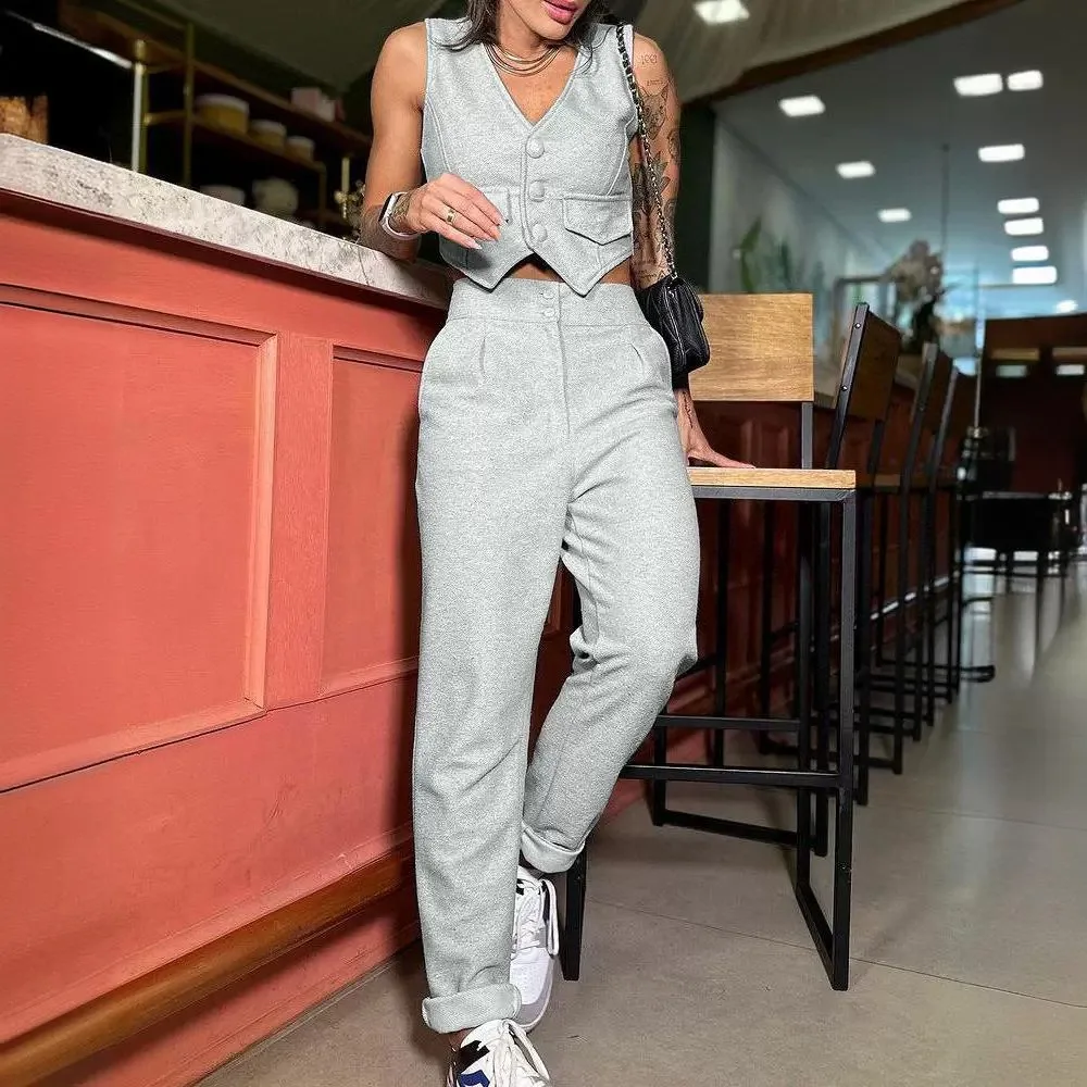 Two Piece Set Women Outfit Summer Fashion V-Neck Buttoned Sleeveless Vest Top & Casual High Waist Pocket Daily Pants Set