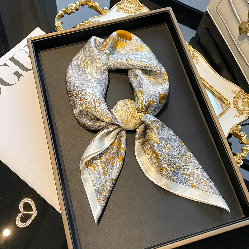 Luxury 100% Mulberry Silk Square Scarf Elegant Women Sky City Print Spring Hair Band Foulard Bandana Echarpe Tie Shawl Scarves