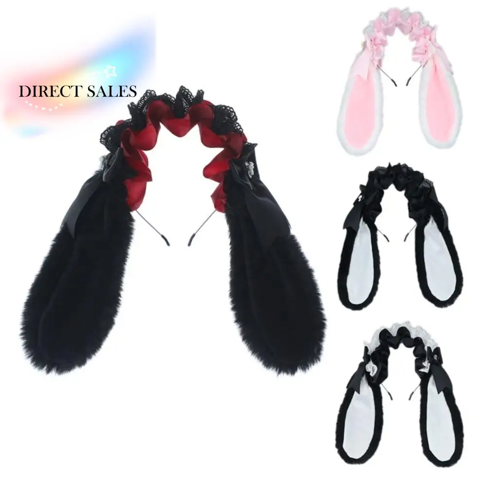 

Ruffle Bowknot Plush Bunny Hair Hoop Ribbon Furry Cosplay Hair Bands Cute Lace Lolita Rabbit Ears Headband Anime Expo