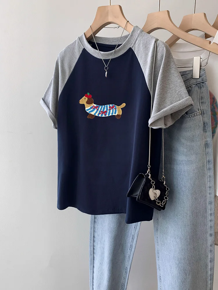 

Fashionable Korean Cute Dachshund Puppy Gray Short-sleeved T-shirt 2024 Summer New Y2K Niche Design Half-sleeved Tops