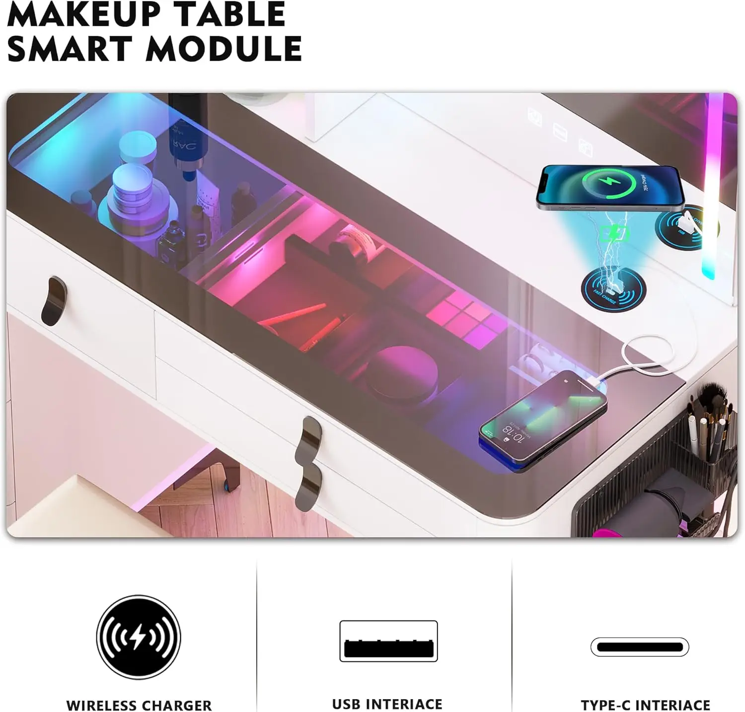 Vanity Desk with Wireless Charging Station,7 Dynamic and 7 Static Dimmable Table Set with Storage Cabinet and Stool