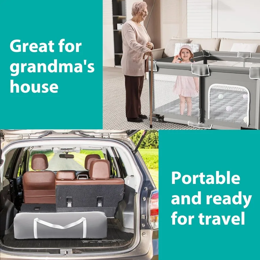 روضة أطفال قابلة للطي للأطفال الصغار مقاس 71 × 59 بوصة روضة أطفال محمولة مع قلم لعب قابل للطي مع مقودين داخلي أ