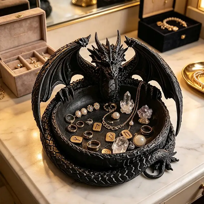 3D Printing Dragon Shaped Jewelry Tray Unique Dark Gothic Style Trinket Bowl Plastic Key Coin Desktop Storage Holder