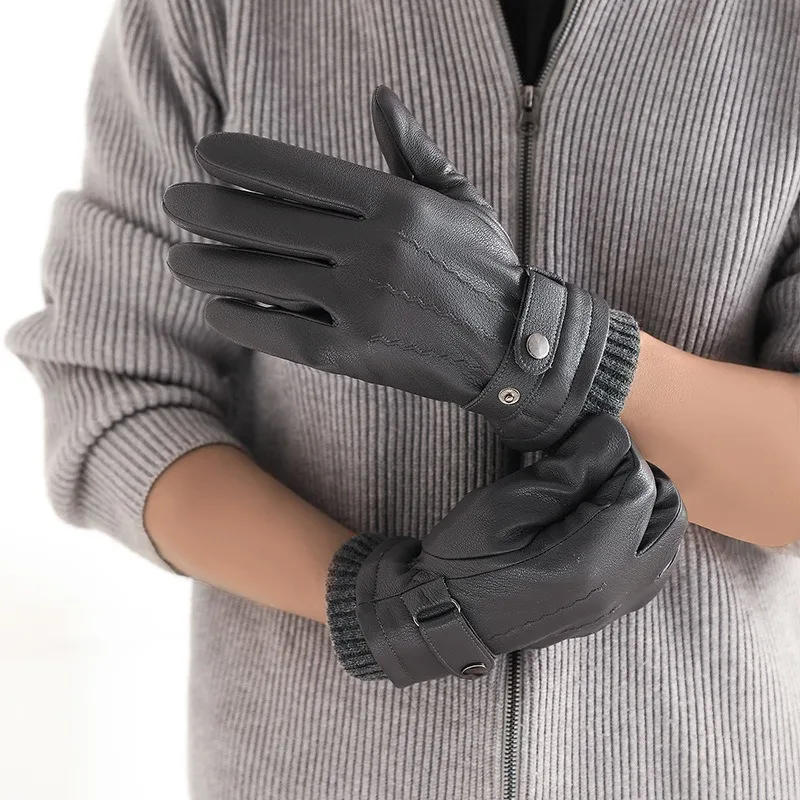 Men's Winter Warm Windproof PU Leather Touchscreen Gloves with Simulated Deer Grain for Driving Cycling
